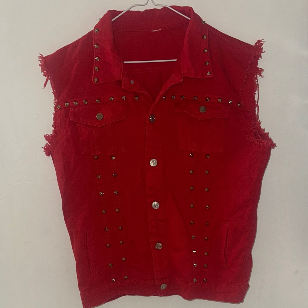Red Studded Sleeveless Denim Vest